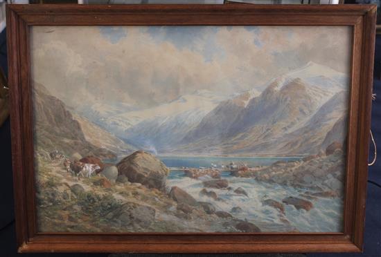 Charles Jones Way (1834-1919) Coastal landscape and Cattle beside a fjord, Matmark, largest 18.5 x 28in.